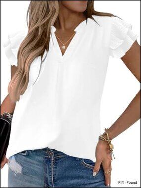 Women's V Neck Ruffle Sleeve Blouse Chiffon Tunic Summer Casual Work Top